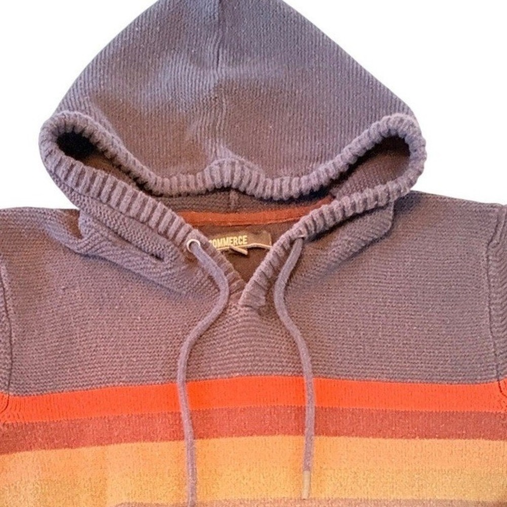 Commerce Knit Hoodie Sweater Mens Large Purple Retro Stripe Pullover Kangaroo